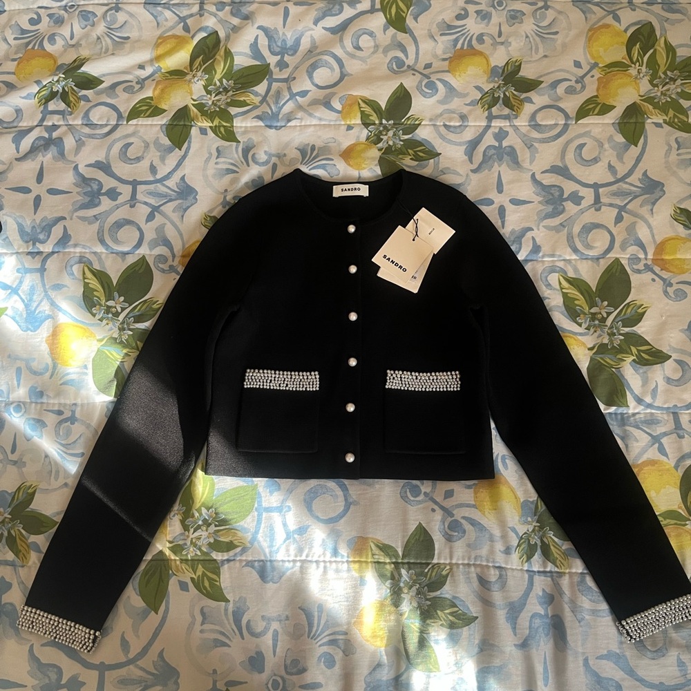 Sandro Black Cropped Cardigan with Crystal Trim - Picture 14 of 15